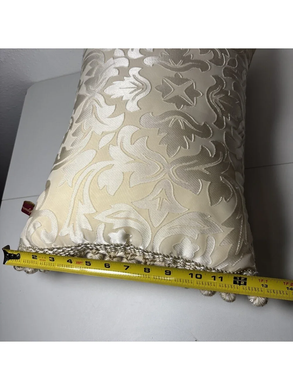 Serendipity Decorative Pillow Elegant Bei damask floral scroll Knotted Tassels